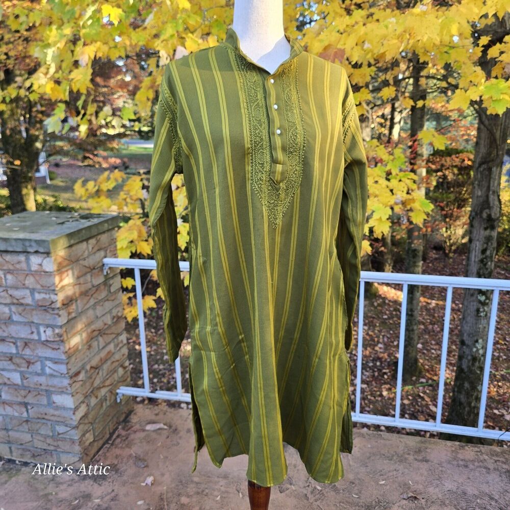 Vtg 70s Mod‎ Handmade Mini Dress Long Sleeve Green Stripe Buttons Pockets M/L*